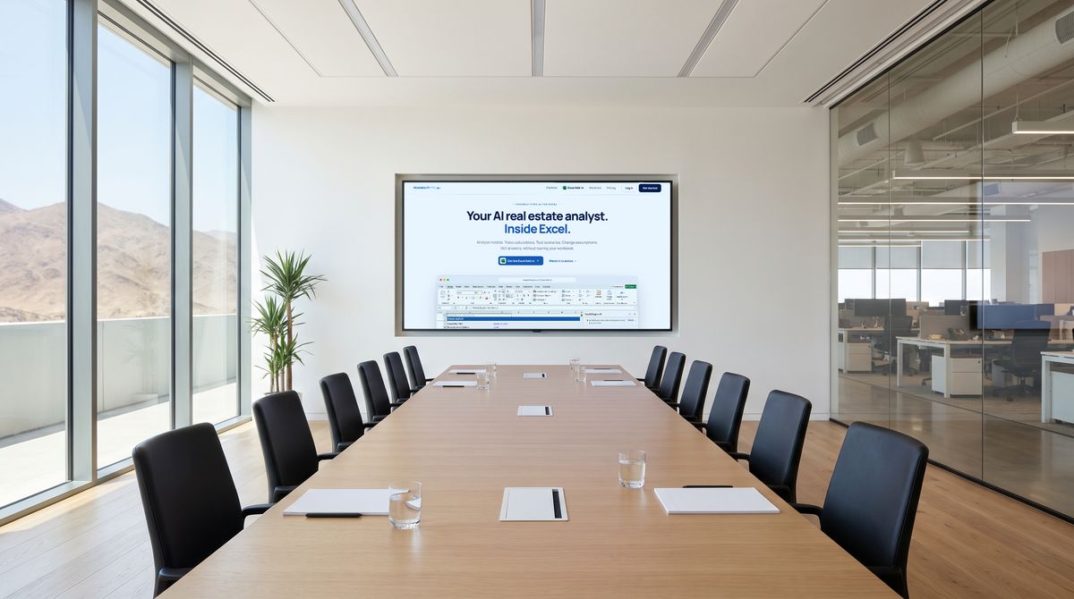 A large boardroom, its wall display showing a financial model under review