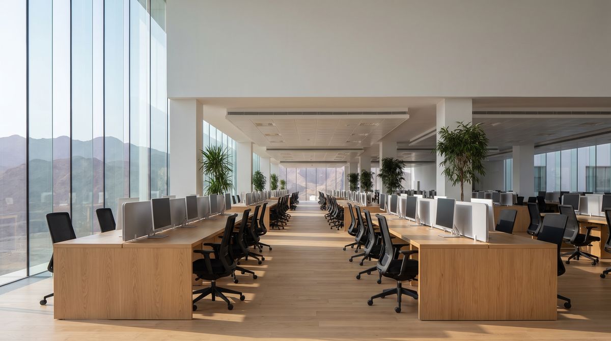 A very large, bright office floor with long rows of desks