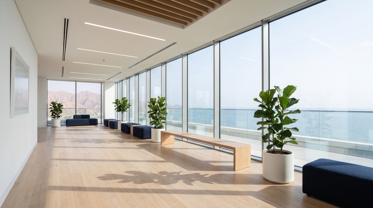 A lounge with a wall of glass looking over the sea and the mountains