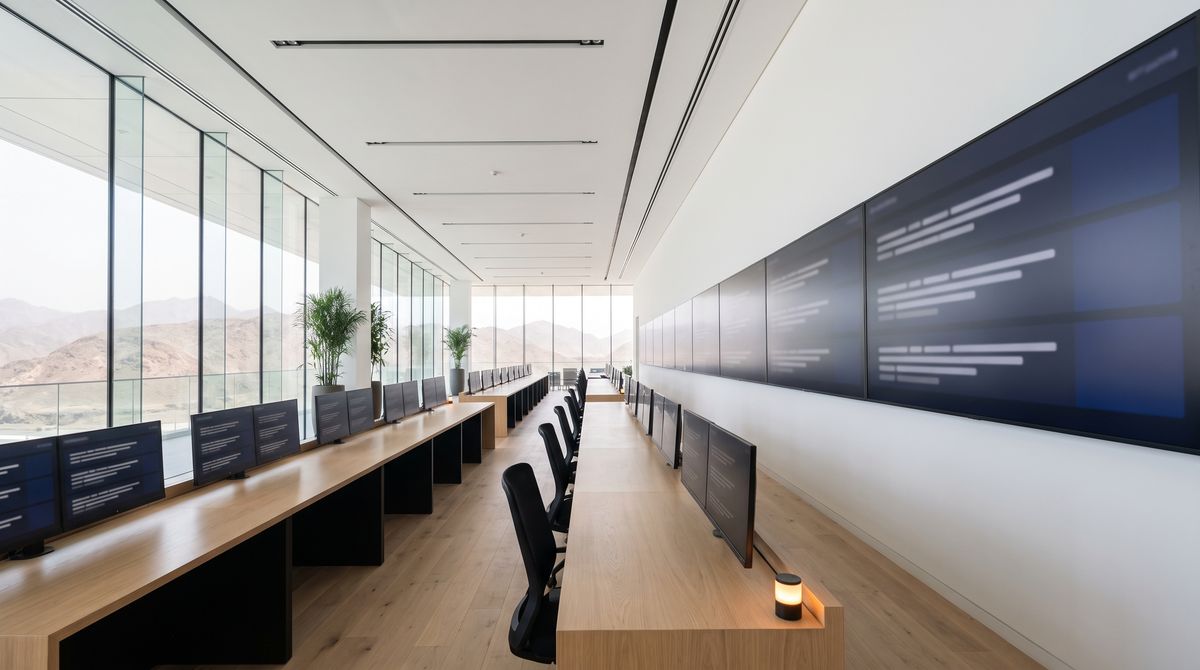 A large operations room with a long wall of screens, and mountains beyond the glass