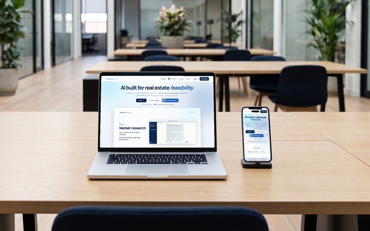 A laptop and a phone on a long desk in a large office, both showing the Codebay website