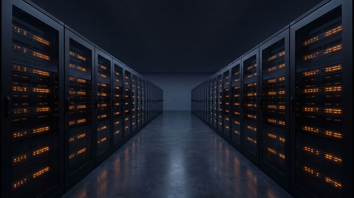 A long aisle of equipment cabinets with rows of small warm lights