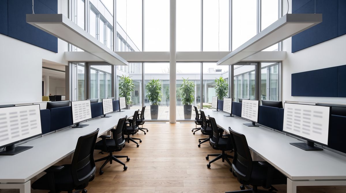 A large team workspace with every screen at work and nobody in it